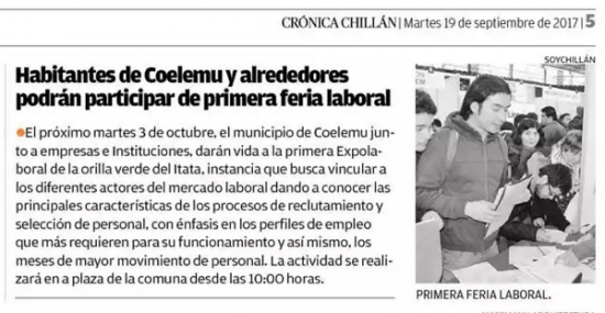  Diario la Crónica de Chillán en su formato impreso destaca nuestra Expo Laboral a realizarse el 3 de Octubre en nuestra Plaza de Armas 