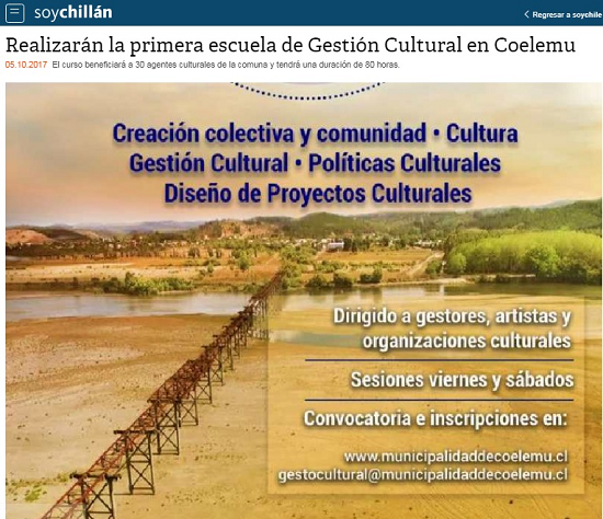 Soy Chillán destaca primera escuela de Gestión Cultural en Coelemu el cual beneficiará a 30 agentes culturales de la comuna y tendrá una duración de 80 horas